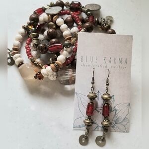 Handcrafted Boho Gypsy Tribal Red 5 Bracelets + Earrings Set